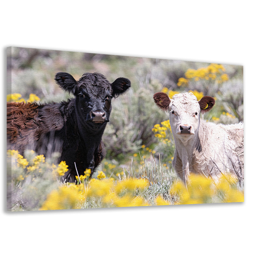 Twee Jonge Koeien in een Bloemenveld canvas