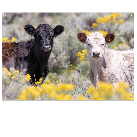 Twee Jonge Kalfjes in een Bloemenveld tuinposter