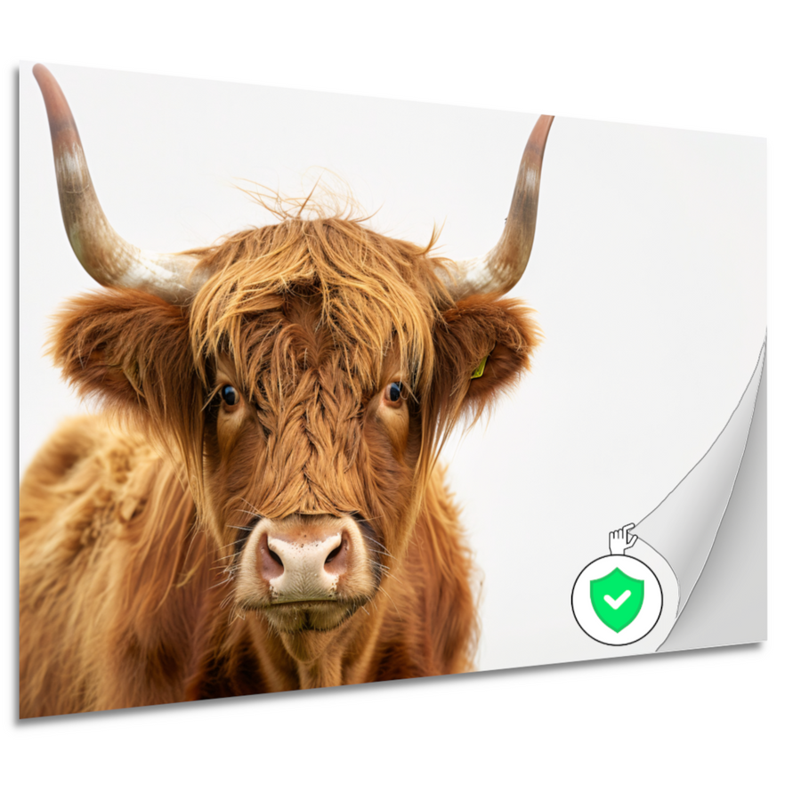 Close-up van een Schotse hooglander met indrukwekkende hoorns poster