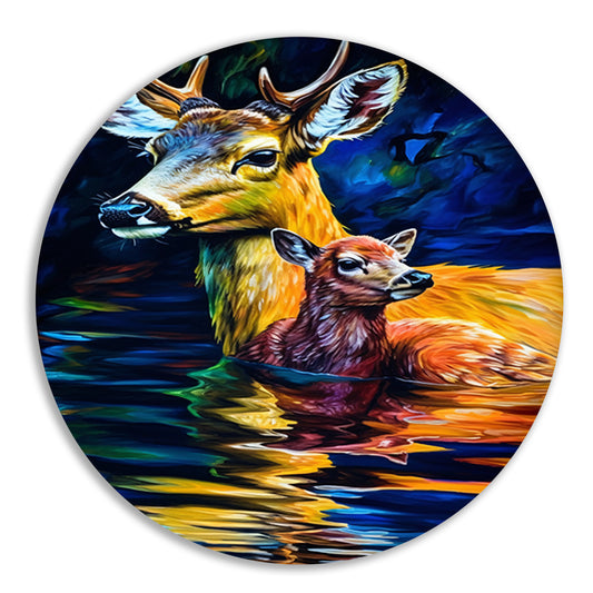 Moederhert en fawn in ochtendgloren aluminium muurcirkel
