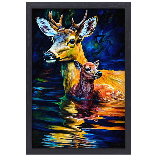 Moederhert en fawn in ochtendgloren canvas met baklijst