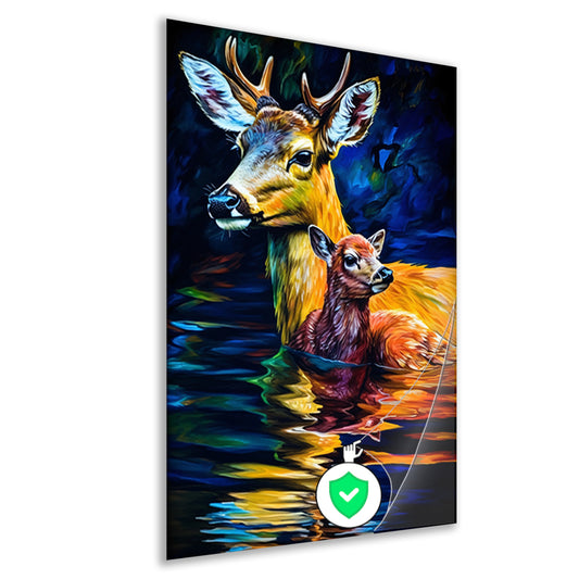 Moederhert en fawn in ochtendgloren poster