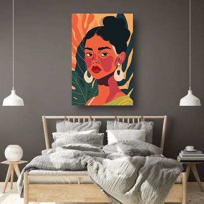 Elegante vrouw met tropische planten achtergrond canvas
