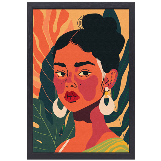 Elegante vrouw met tropische planten achtergrond canvas met baklijst