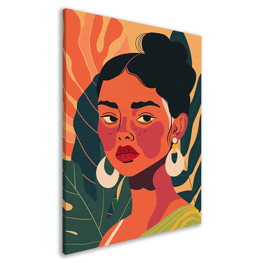 Elegante vrouw met tropische planten achtergrond canvas
