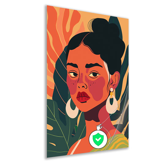 Elegante vrouw met tropische planten achtergrond poster