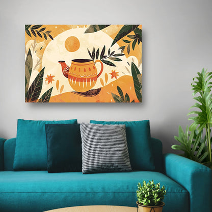 Theepot en bladeren in zonlicht canvas