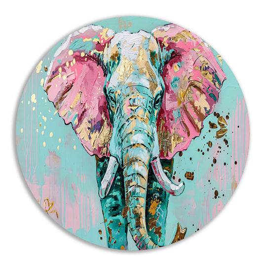Kleurrijk abstract olifant schilderij met spetters aluminium muurcirkel
