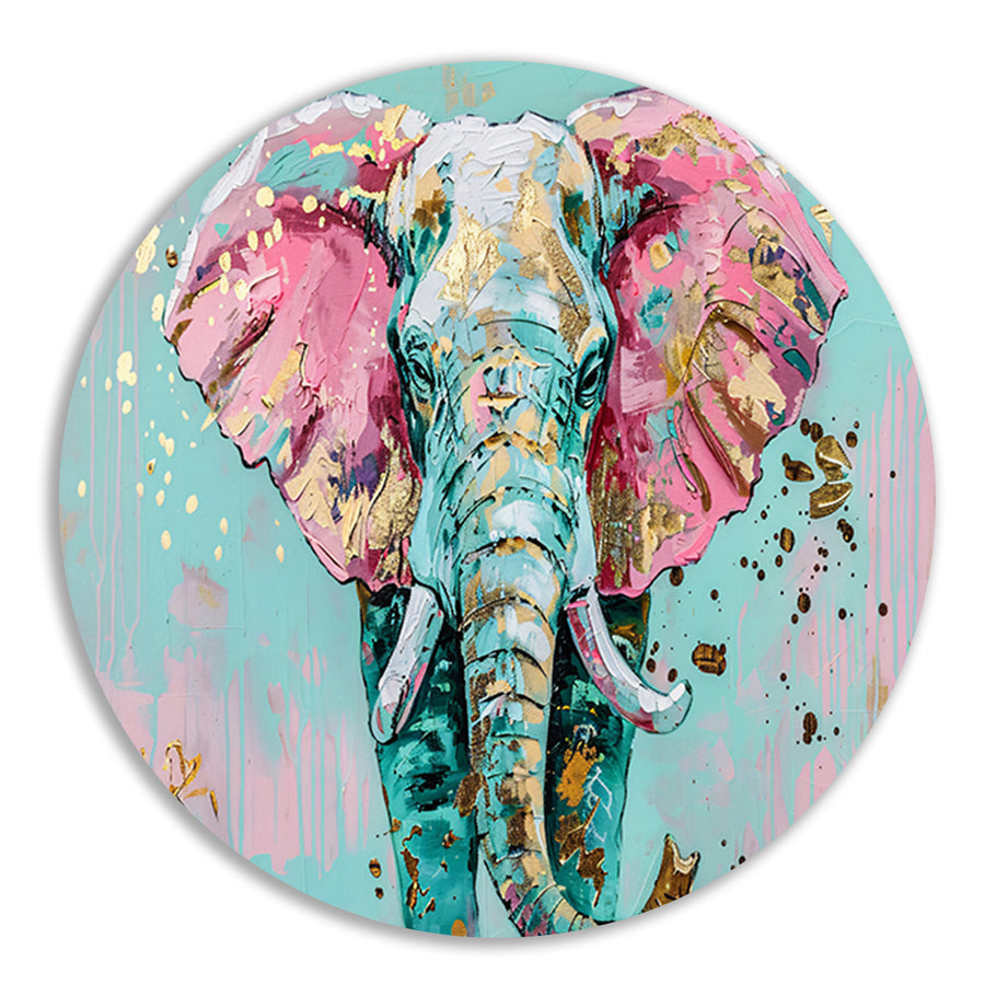 Kleurrijk abstract olifant schilderij met spetters aluminium muurcirkel