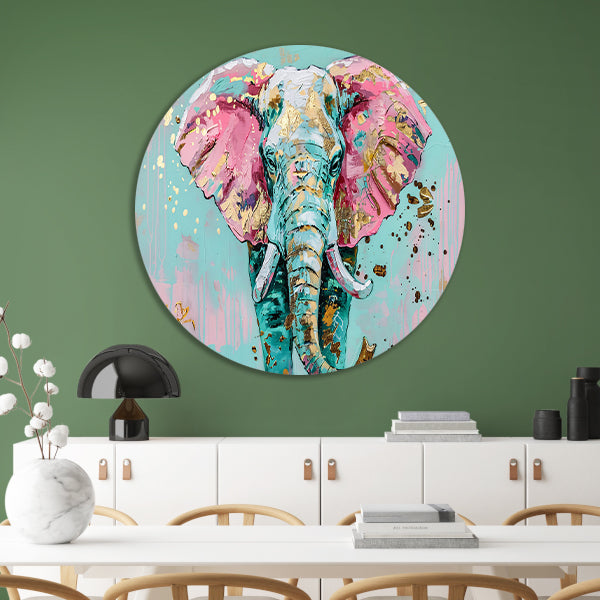 Kleurrijk abstract olifant schilderij met spetters forex muurcirkel
