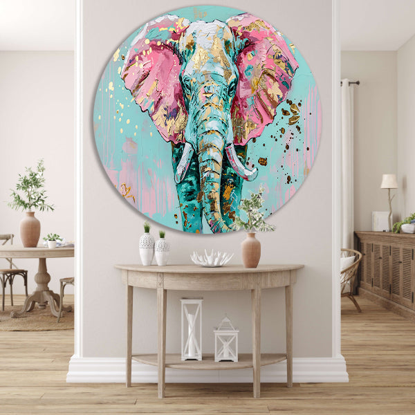 Kleurrijk abstract olifant schilderij met spetters forex muurcirkel