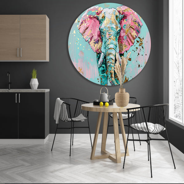 Kleurrijk abstract olifant schilderij met spetters forex muurcirkel