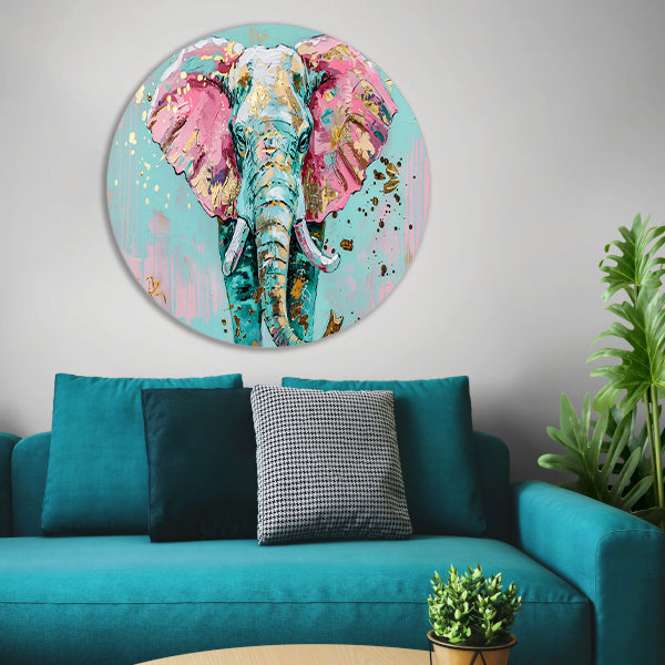 Kleurrijk abstract olifant schilderij met spetters forex muurcirkel