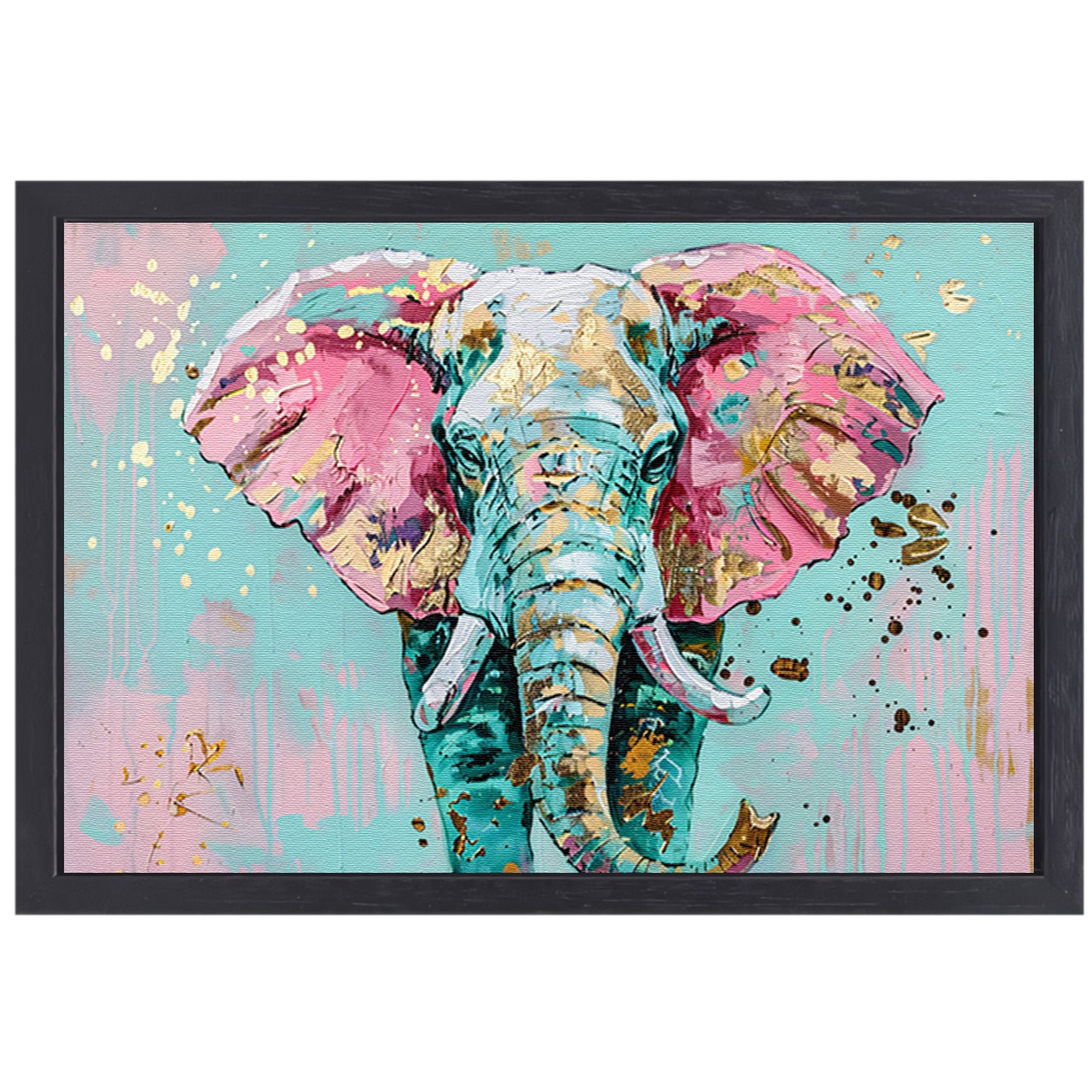 Kleurrijk abstract olifant schilderij met spetters canvas met baklijst