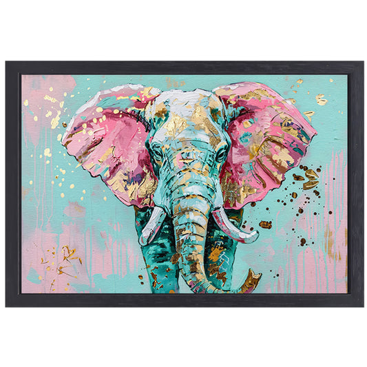 Kleurrijk abstract olifant schilderij met spetters canvas met baklijst