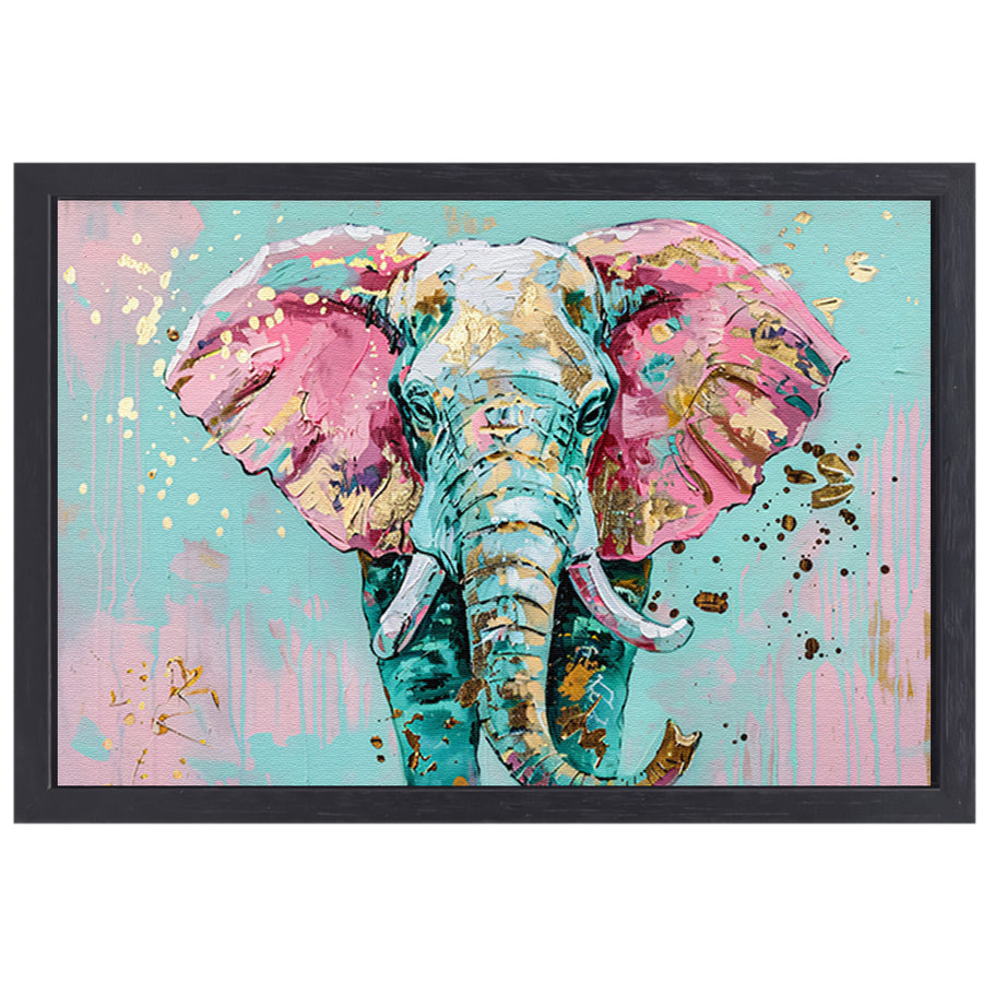 Kleurrijk abstract olifant schilderij met spetters canvas met baklijst