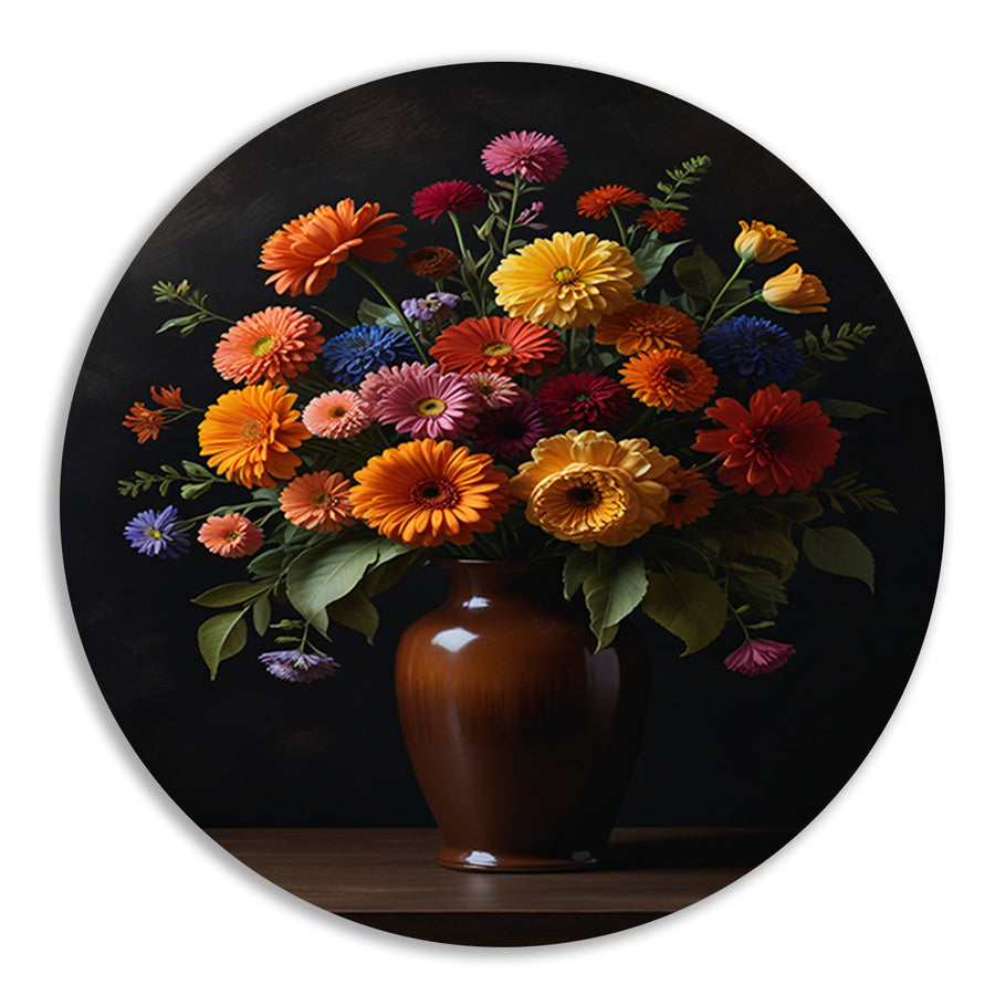 Kleurrijke Bloemenpracht in Donkere Vaas forex muurcirkel