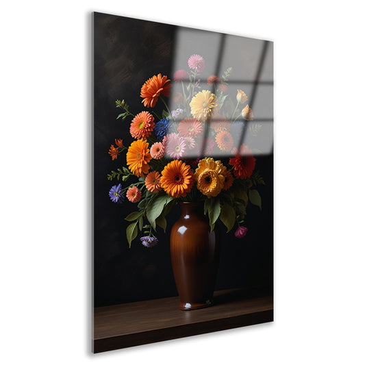 Kleurrijke Bloemenpracht in Donkere Vaas acrylglas