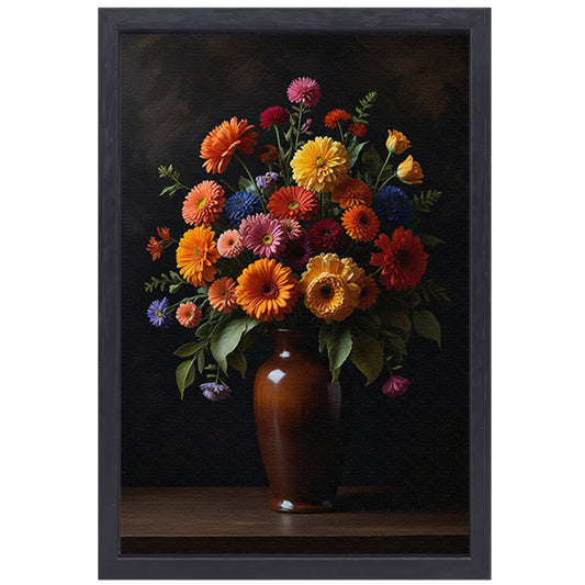 Kleurrijke Bloemenpracht in Donkere Vaas canvas met baklijst
