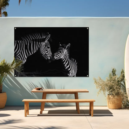 Zebra moeder en veulen in zwart-wit tuinposter