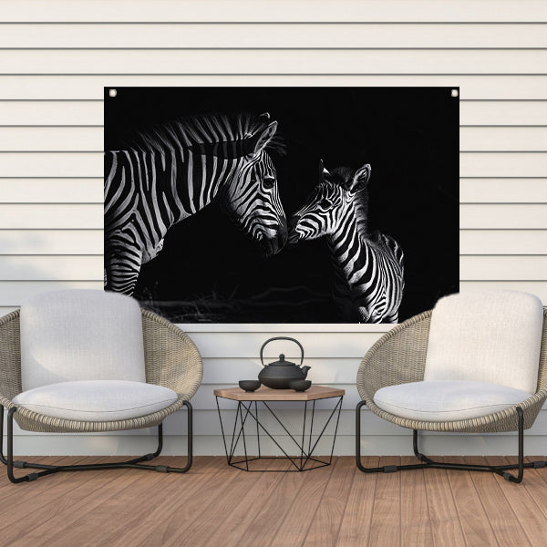 Zebra moeder en veulen in zwart-wit tuinposter