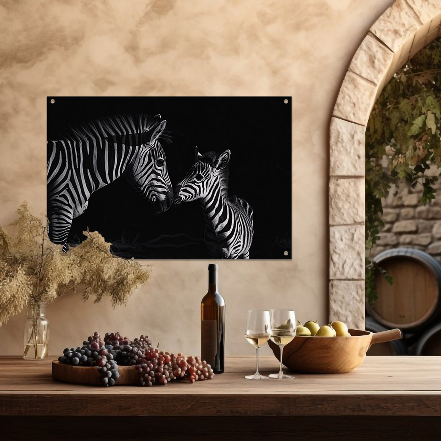 Zebra moeder en veulen in zwart-wit tuinposter