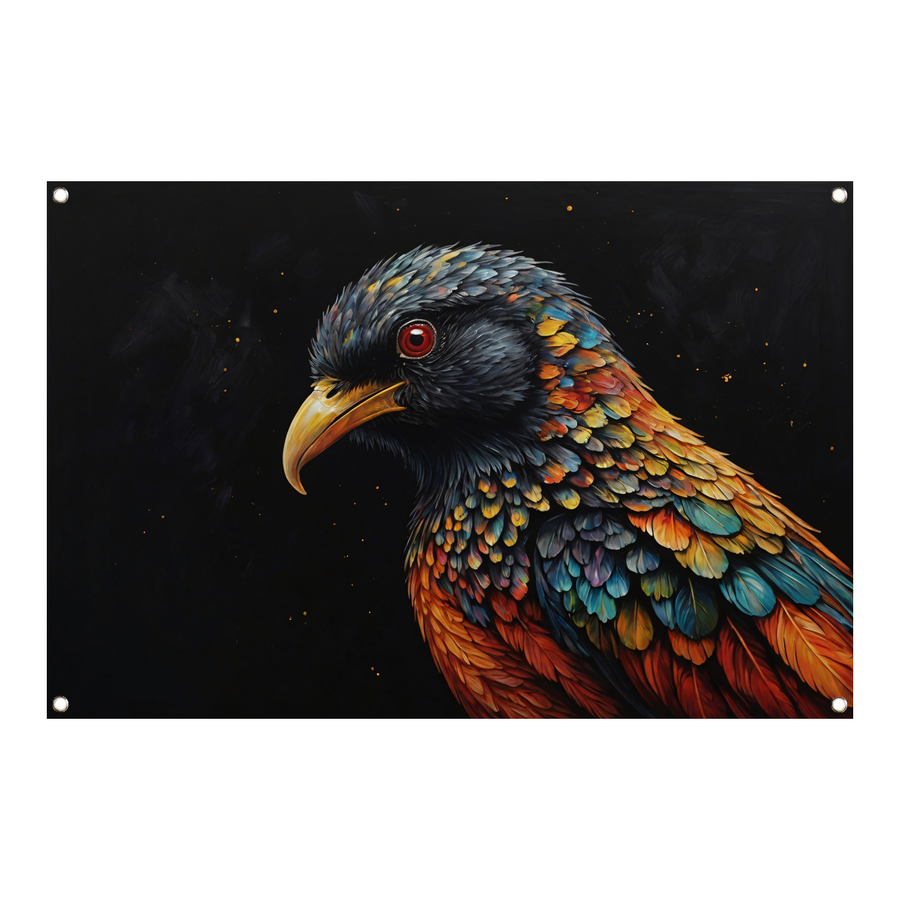 Kleurrijke Vogel tegen Sterrenhemel Achtergrond tuinposter