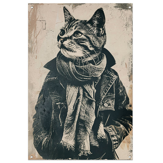 Zwart-wit portret van een kat in een jas tuinposter