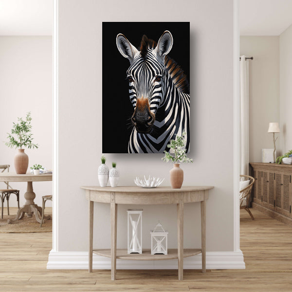 Zwart-witte Zebra Portret in Detail canvas met baklijst