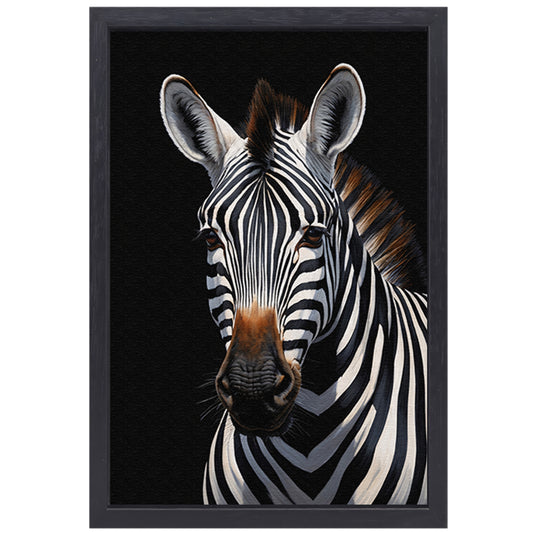 Zwart-witte Zebra Portret in Detail canvas met baklijst