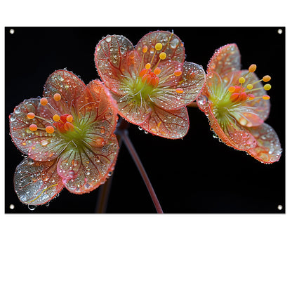 Ochtenddauw op bloemen tuinposter