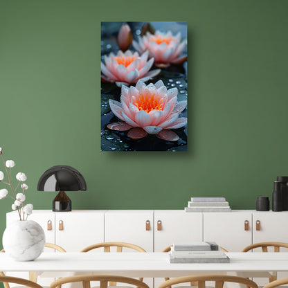Zachtroze waterlelies met waterdruppels poster