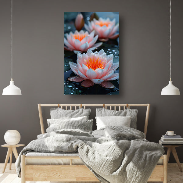 Zachtroze waterlelies met waterdruppels poster