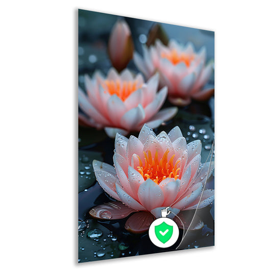 Zachtroze waterlelies met waterdruppels poster