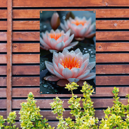 Zachtroze waterlelies met waterdruppels tuinposter