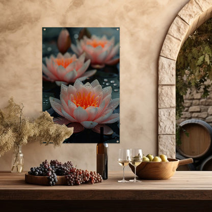 Zachtroze waterlelies met waterdruppels tuinposter