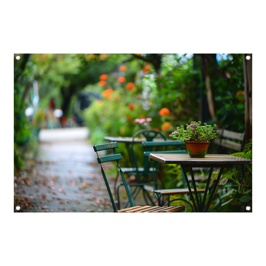 Moderne kamerplant op houten tafel tuinposter