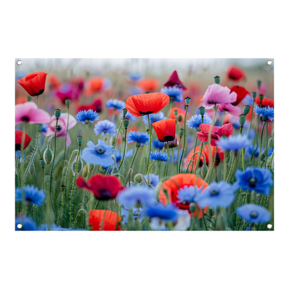 Een levendig veld van papavers en korenbloemen tuinposter