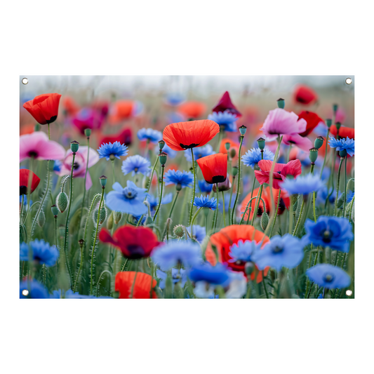 Een levendig veld van papavers en korenbloemen tuinposter