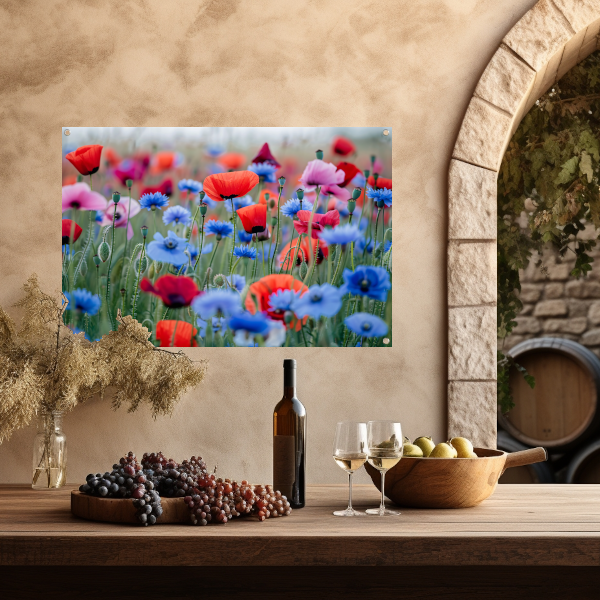 Een levendig veld van papavers en korenbloemen tuinposter