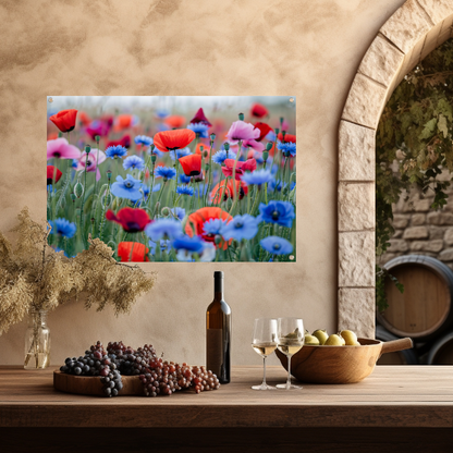 Een levendig veld van papavers en korenbloemen tuinposter