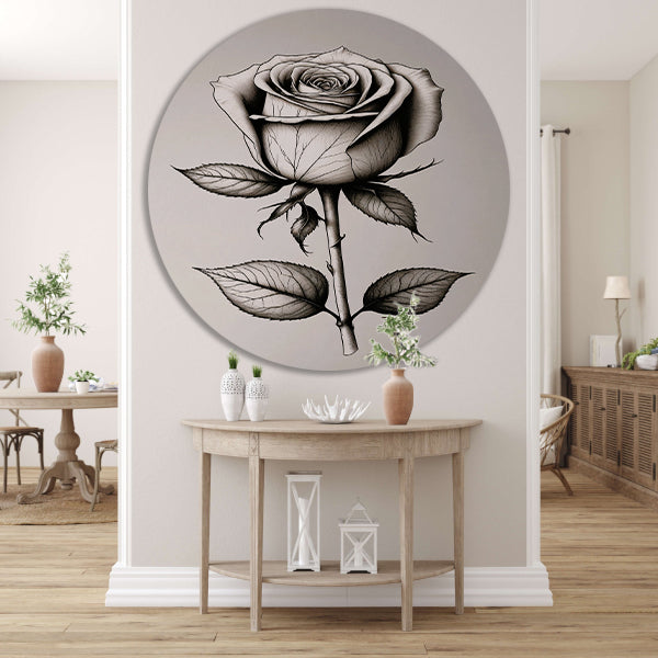 Minimale zwarte lijntekening van roos aluminium muurcirkel