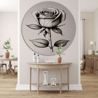 Minimale zwarte lijntekening van roos aluminium muurcirkel