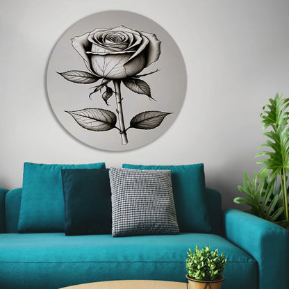 Minimale zwarte lijntekening van roos aluminium muurcirkel