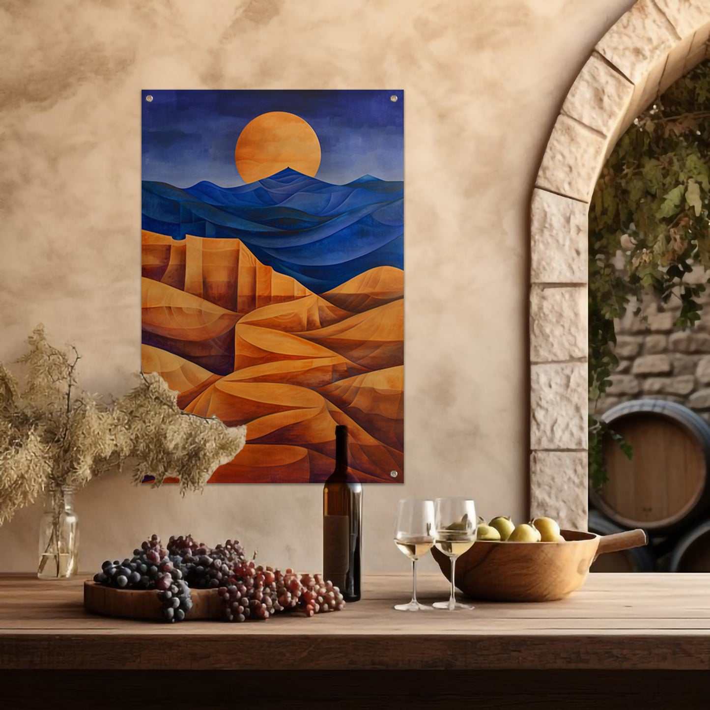 Surrealistisch berglandschap met felle kleuren tuinposter