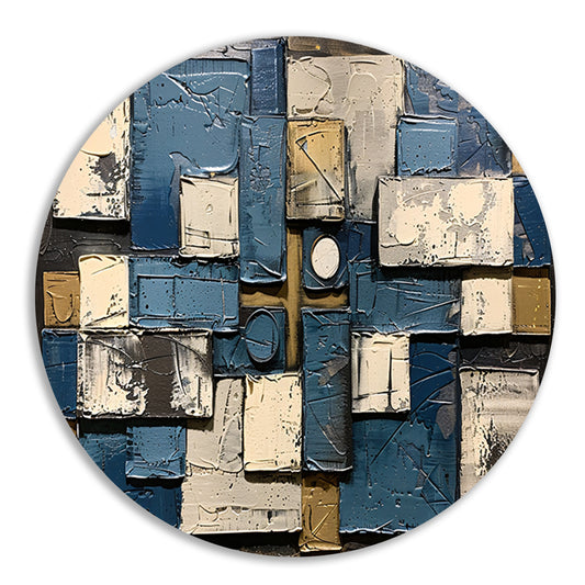 Abstract schilderij met rechthoeken en cirkels aluminium muurcirkel