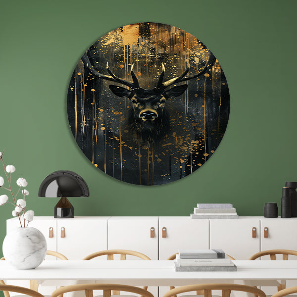 Mysterieuze hert met gouden accenten aluminium muurcirkel