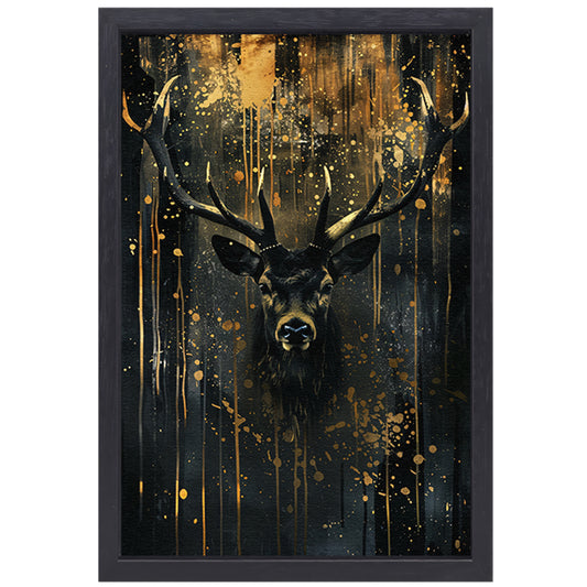 Mysterieuze hert met gouden accenten canvas met baklijst