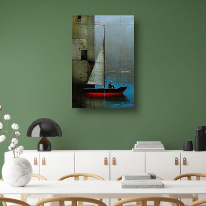 Surrealistisch schilderij van boot bij gebouw poster