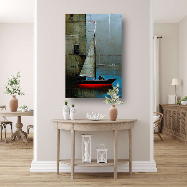 Surrealistisch schilderij van boot bij gebouw poster